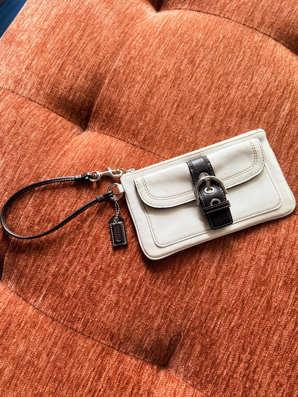 Coach SoHo White Leather Wristlet with Dark Brown Trim